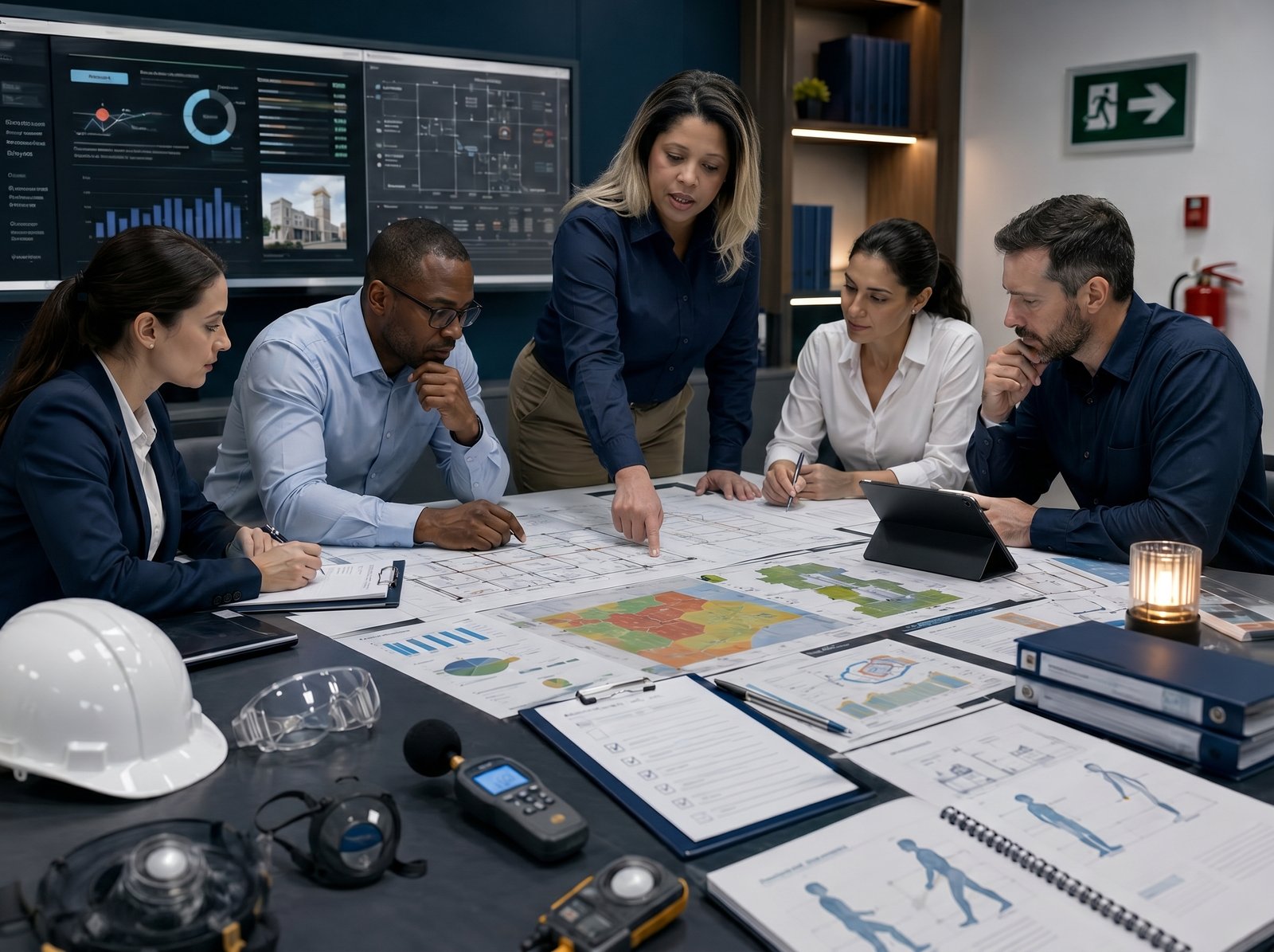 Equipe técnica analisando projeto de segurança do trabalho em sala de planejamento.