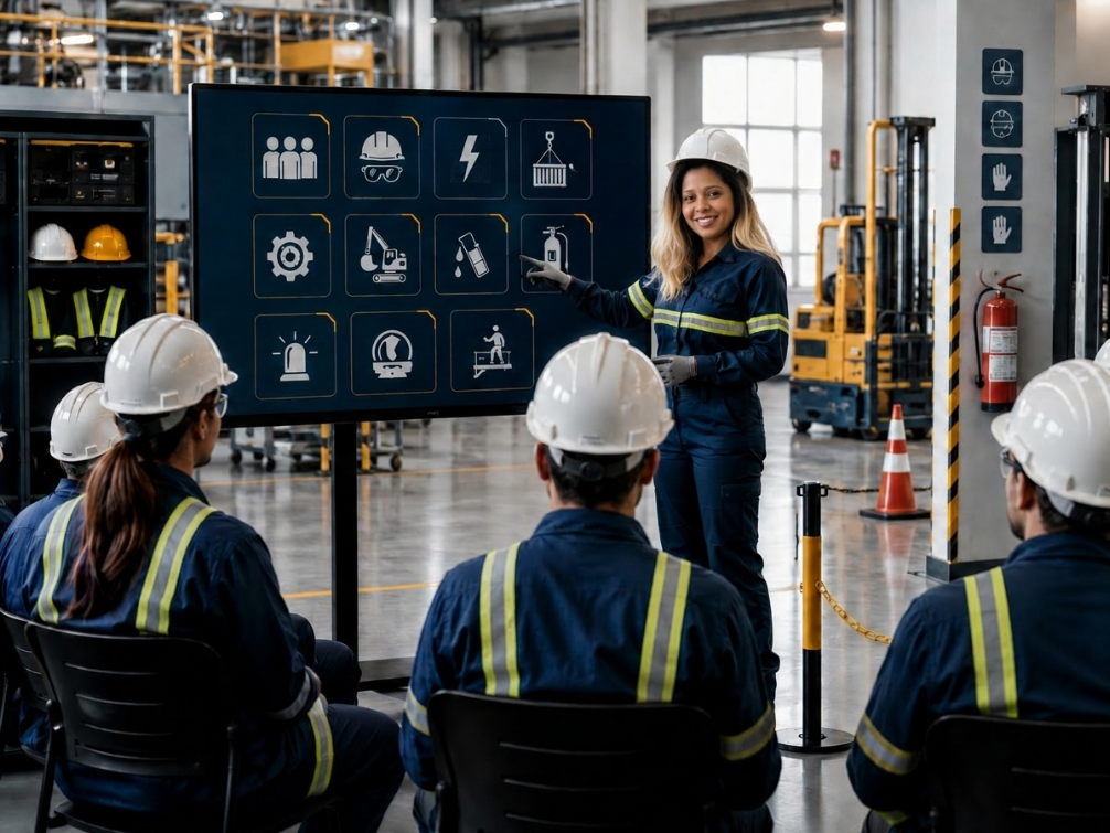 Instrutora de segurança conduzindo treinamento NR para equipe operacional.